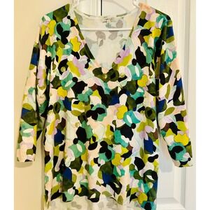 Tyler Boe V Neck Floral Print Top Blouse 3/4 Sleeve Colorful Womens Large